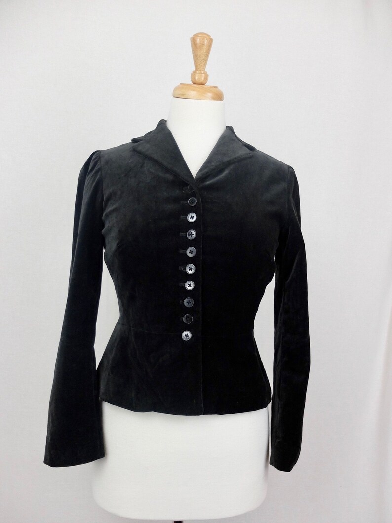 Vintage 1990/'s Women/'s Gap Victorian Avant Garde Style Button Up Black Velvet Blazer