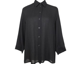 Vintage 80s Mod Bohemian Chic Basic Solid Collared Long Sleeve Button Up Blouse in Black | Size S-M