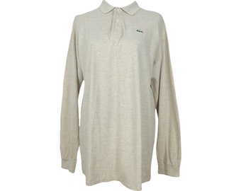 Vintage 80s Lacoste Utility Sportswear Streetwear Logo Collared Long Sleeve 1/4 Button Up Cotton Polo Shirt in Tan Beige | Men’s Size L