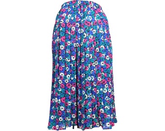Vintage 80s Bohemian Mod Bright Floral Patterned High Waisted Elasticated Waist Pleated Summer Midi Skirt | 31-39 Inch Waist
