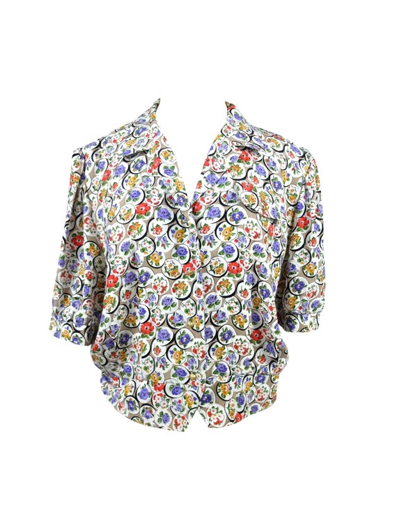 Vintage 70s Mod White Floral Collared Half Sleeve