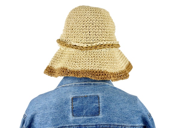 Vintage 1980's Bohemian Woven Straw Floppy Bucket