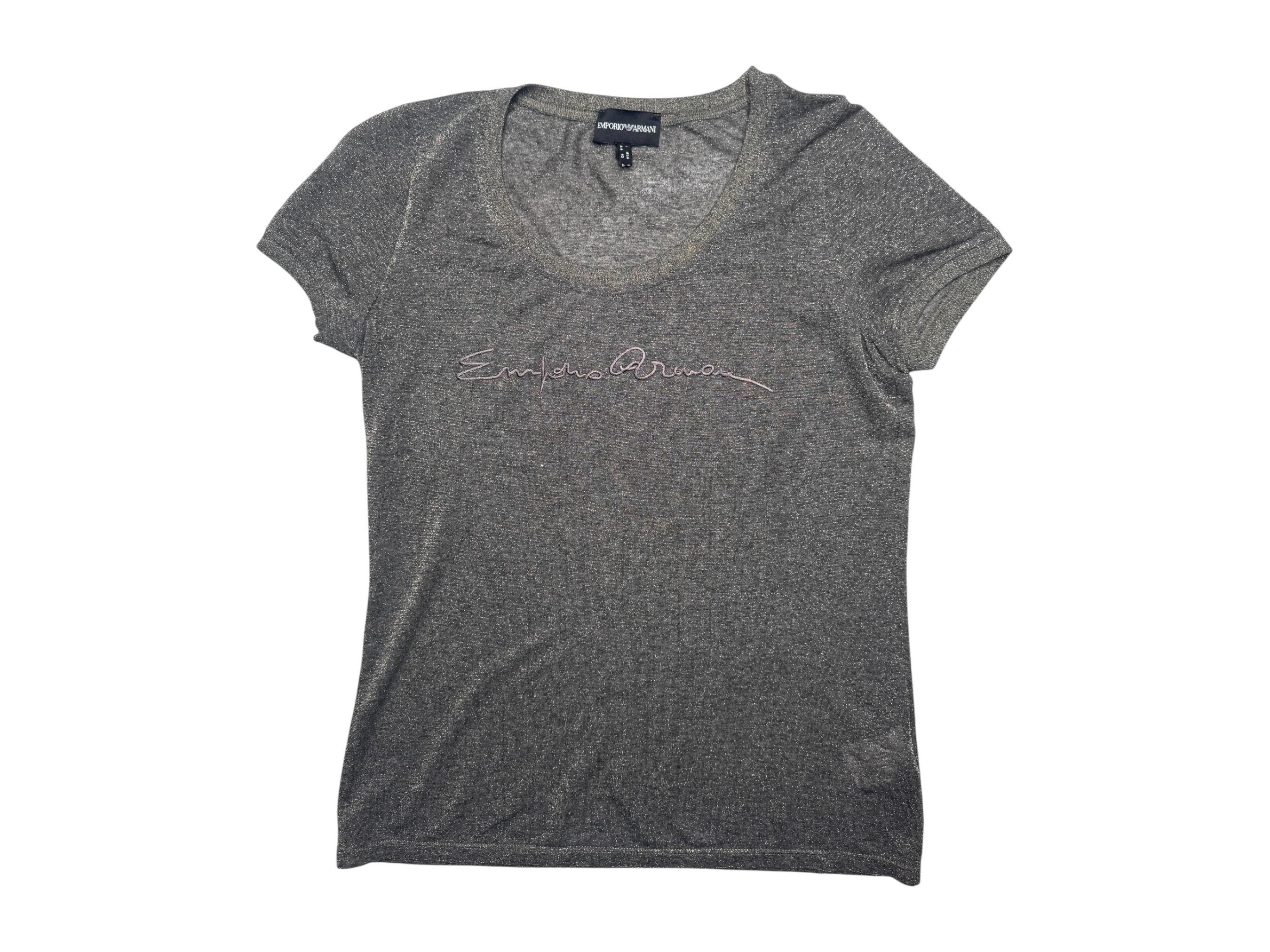 Vintage Y2K Emporio Armani Metallic T-shirt | Grey Sparkle, Size M 
