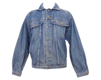 Jaqueta jeans vintage boho utilitária dos anos 80, lavagem média, azul, com botões e gola | Tamanho masculino M | Tamanho feminino G