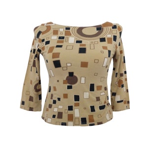 Vintage 90s Y2K Tan Brown & Black Minimalist Bauhaus Style Abstract Geometric Patterned Fitted Stretchy Scoop Neck 3/4 Sleeve Blouse