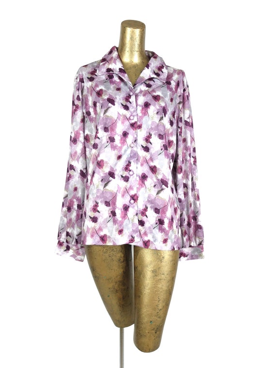 Vintage 70s Mod Purple Floral Collared Long Sleeve