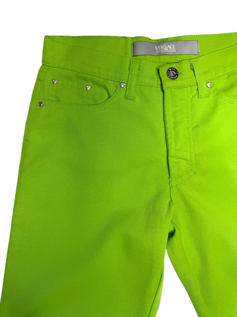 Vintage 2000s Versace Jeans Couture Lime Green Straight Leg Trousers | 26 Inch Waist