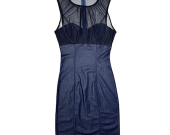 Vintage 2000s MISS SIXTY Stretchy Denim Pencil Mini Dress with Mesh Sweetheart Neckline | Size XS
