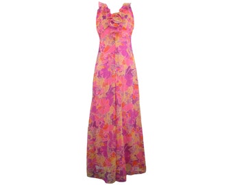 Vintage 60s Mod Psychedelic Hippie Bright Pink & Purple Abstract Floral Print Ruffled Sleeveless Tank Circle Floor Length Maxi Dress