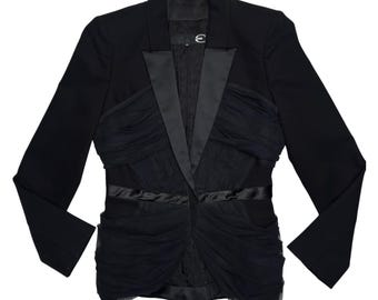 Vintage 2000s CAVALLI Cotton Black Fitted Blazer Jacket with Ruched Mesh Detail | Size S