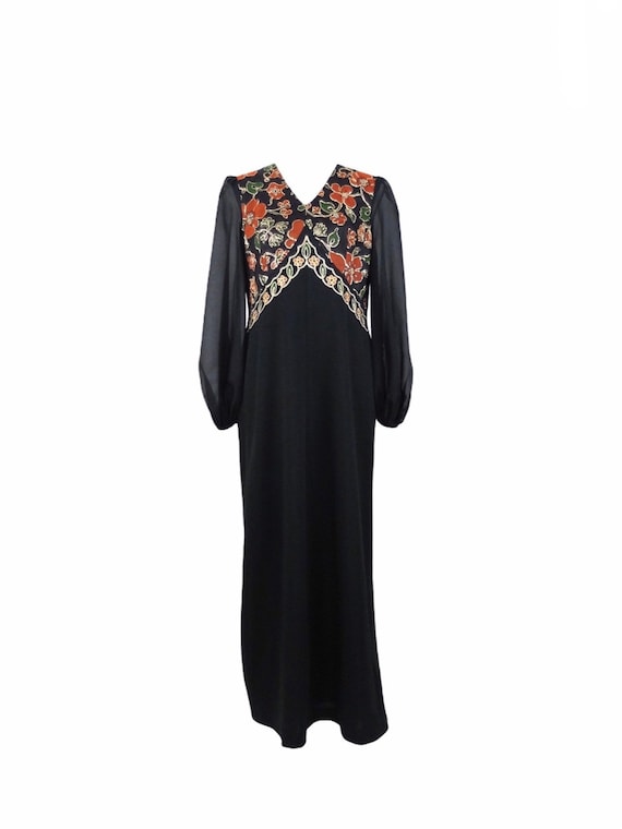 Vintage 70s Psychedelic Hippie Glam Rock Mod Bohemian Sheer Balloon Sleeve  Black V-neck Floor Length Empire Metallic Embroidered Maxi Dress - Etsy
