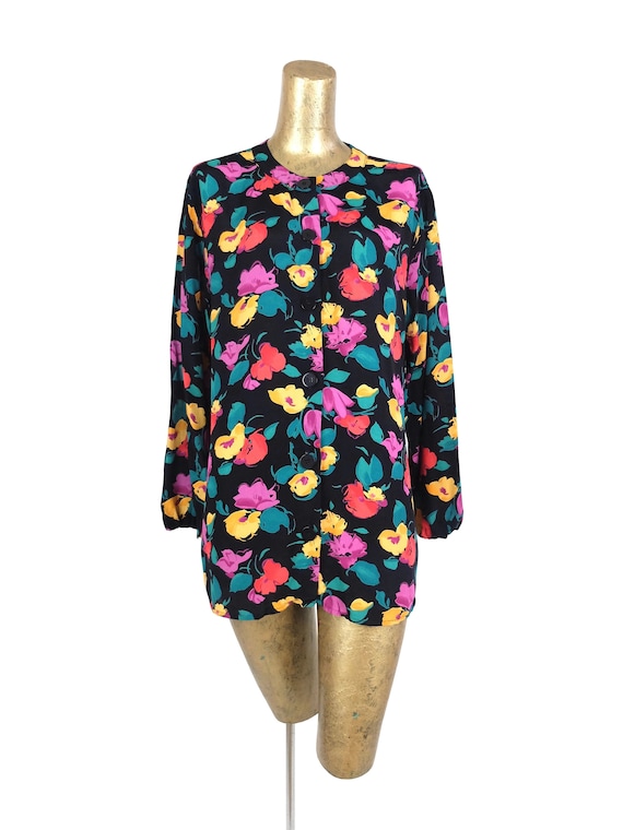 Vintage 80s Floral Abstract Long Sleeve Button Up… - image 1