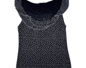 Vintage 2000s MARELLA Sleeveless Black & White Mesh Tank Top with Ruffle Neckline | Size L