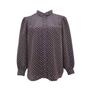 Vintage 80s Bohemian Hippie Chic Black & Brown Abstract Geometric Patterned Collared Long Sleeve Button Up Blouse | Size S