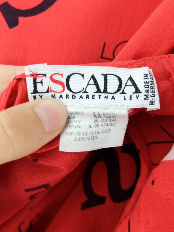 Vintage 80s Escada Designer Silk Bright Red Lette… - image 7