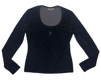 Vintage 90s ROCCO BAROCCO Stretch Velvet Black Scoop Neck Long Sleeve Top | Size S