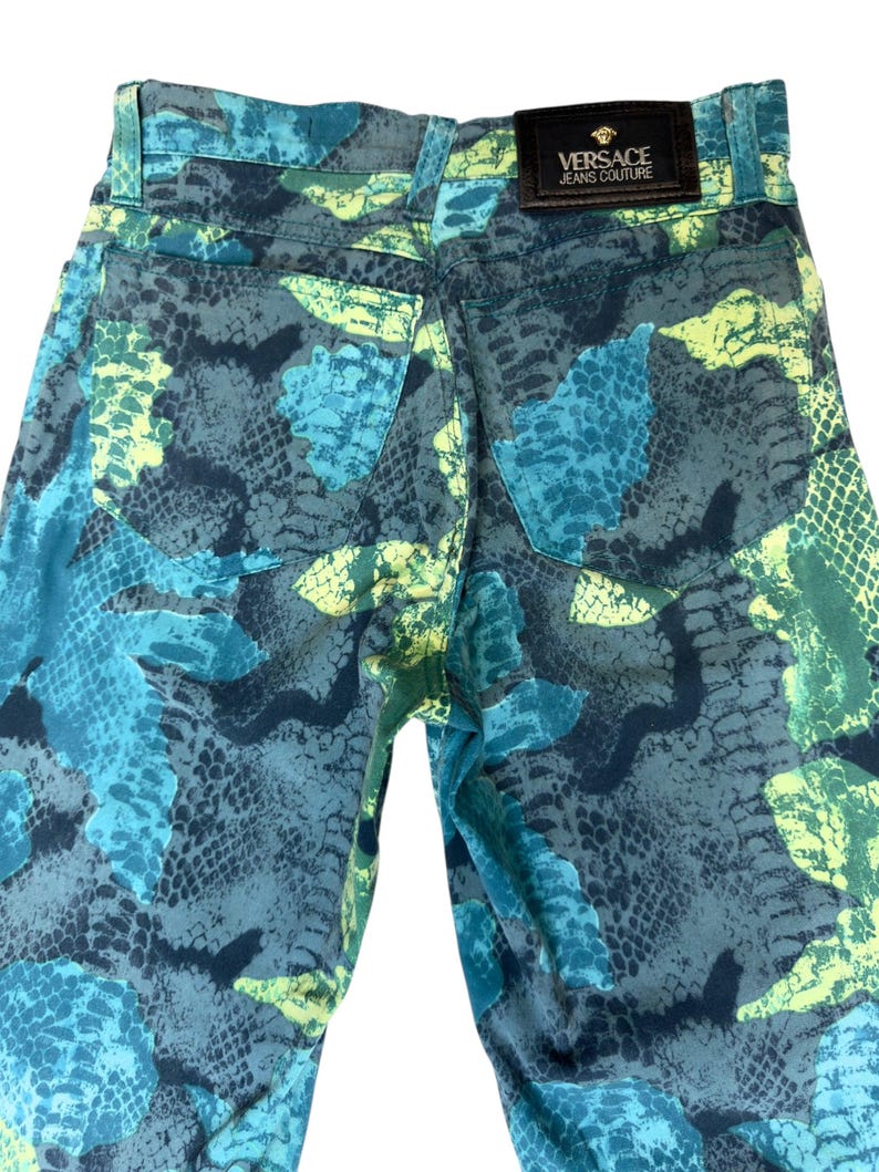Vintage 2000s Versace Jeans Couture High Waisted Abstract Snake & Floral Patterned Slim Fit Jeans | 24 Inch Waist
