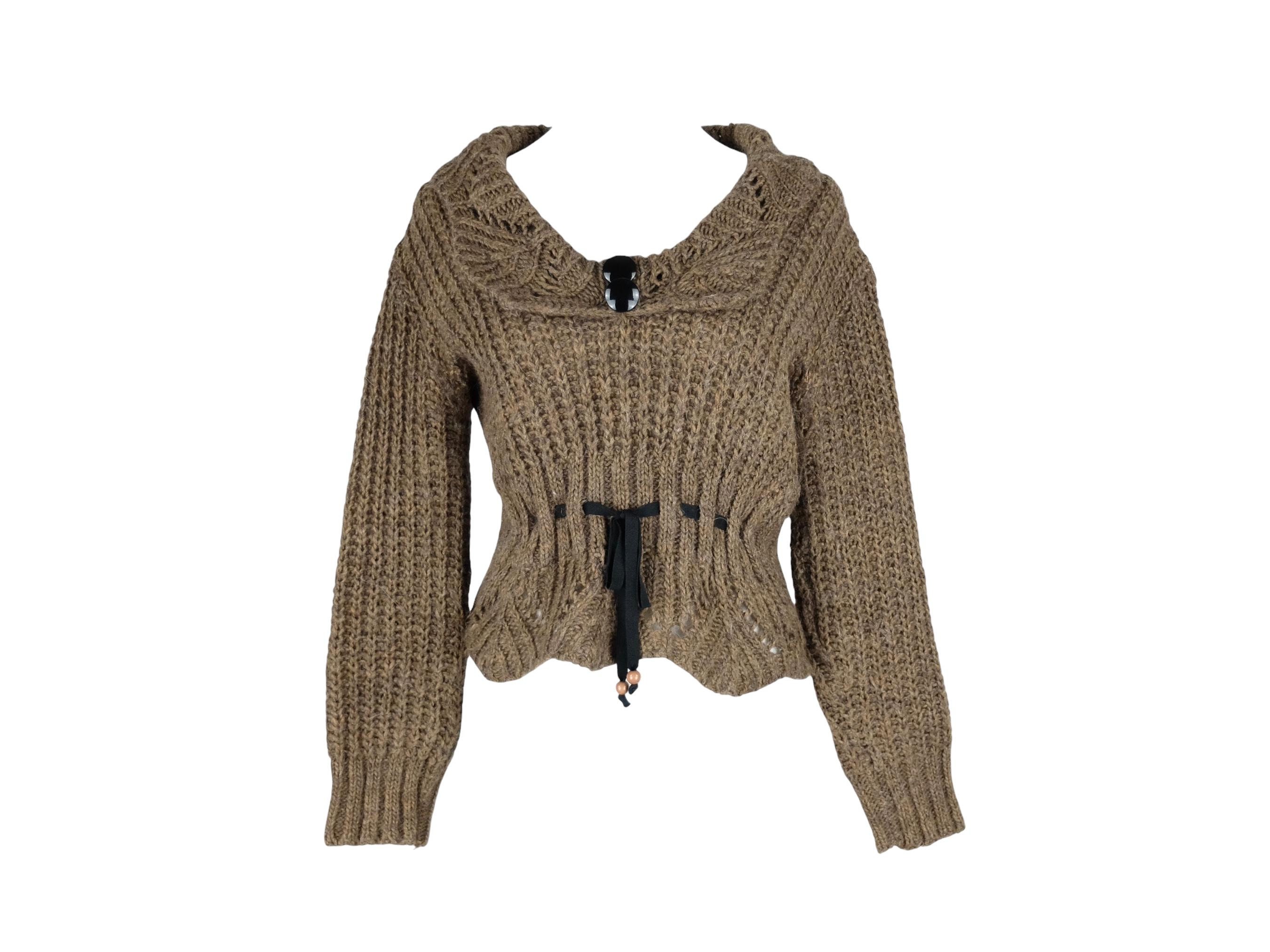 Vintage 2000s Y2K Boho Chic Prairie Cottage Brown Tan malha pulôver suéter de malha com detalhe de gravata na cintura