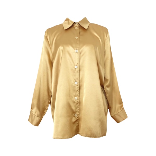 Vintage 90s Silky Avant- Garde Chic Formal Party Going-Out Metallic Gold Collared Long Sleeve Button Up Blouse | Women’s Size Large