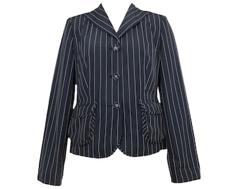 Vintage 90s Y2K Preppy Goth Grunge Black Pinstriped Collared Button Down Blazer Jacket | Size S
