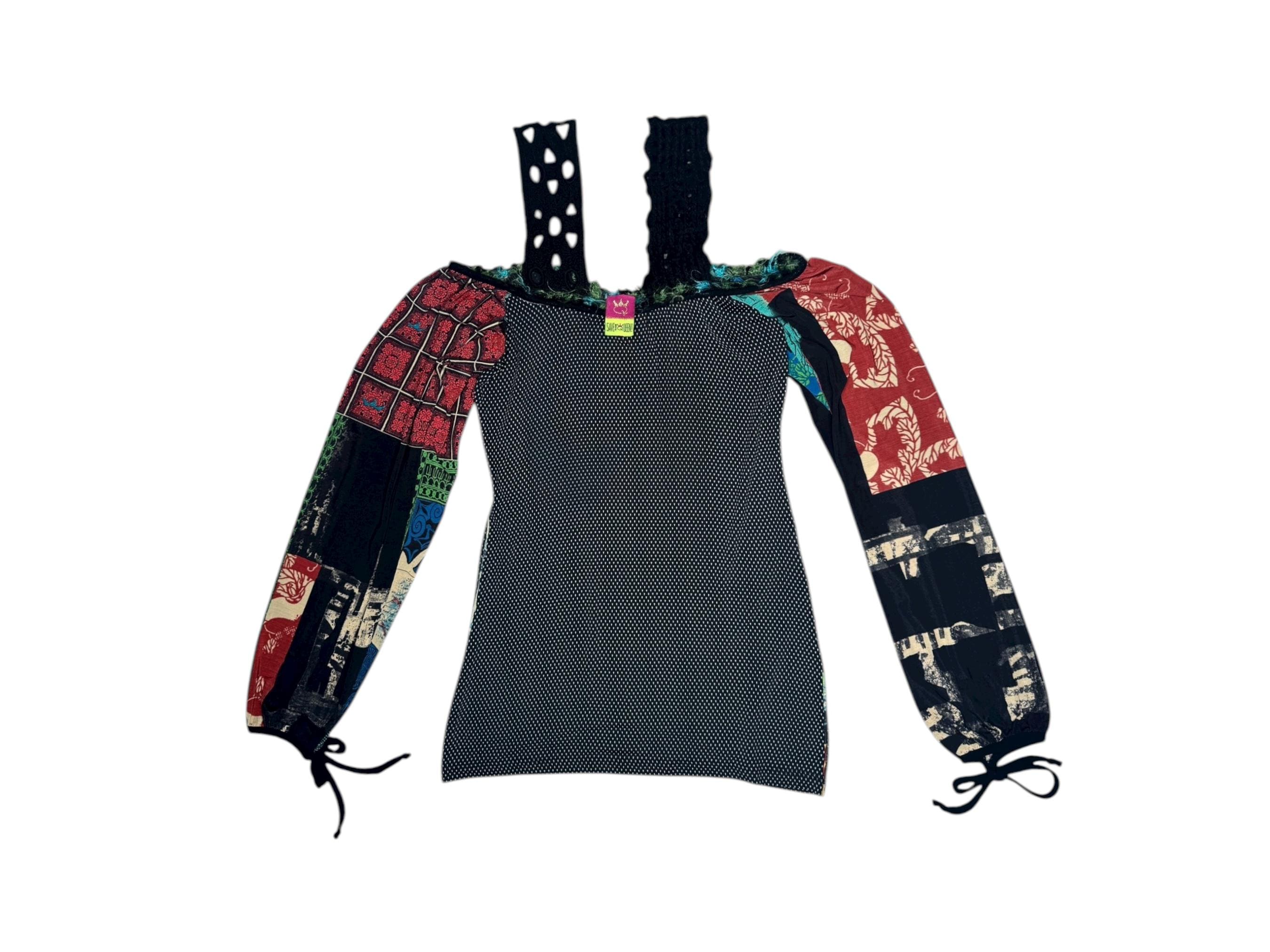 Vintage Save the Queen Patchwork Blouse | Y2K Off-the-shoulder Top