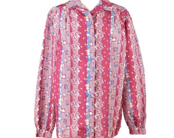 Vintage 70er Mod Boho Floral Print Kragen Langarm Button Up Disco Shirt Bluse | Damengröße Groß-Extra Groß