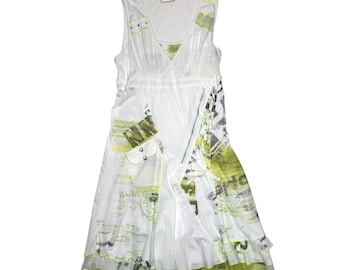 Robe midi débardeur blanche et verte à motifs abstraits en résille de coton à superpositions de l'an 2000 vintage des années 2000 | Taille M