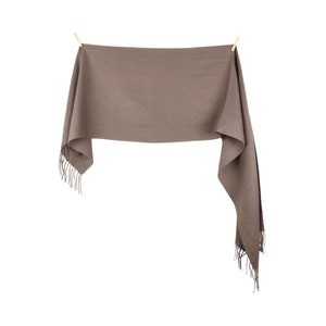 Vintage 80s Chic Solid Basic Taupe Beige Brown Wide Long Thin Wrap Blanket Scarf with Fringe