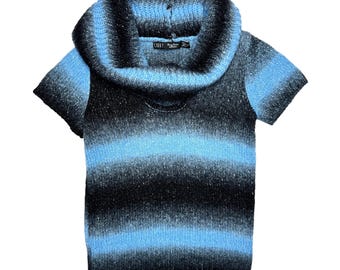 Vintage 2000s Knit Black Grey & Blue Striped Short Sleeve Turtleneck Sweater | Size XS-S