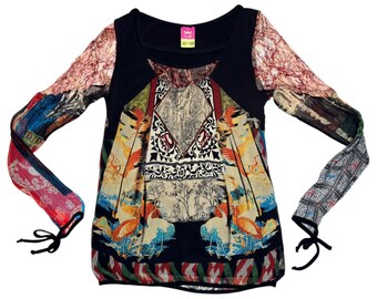 Vintage 2000s SAVE the QUEEN Multicolour Abstract Print Scoop Neck Long Sleeve Top | Size XS-S