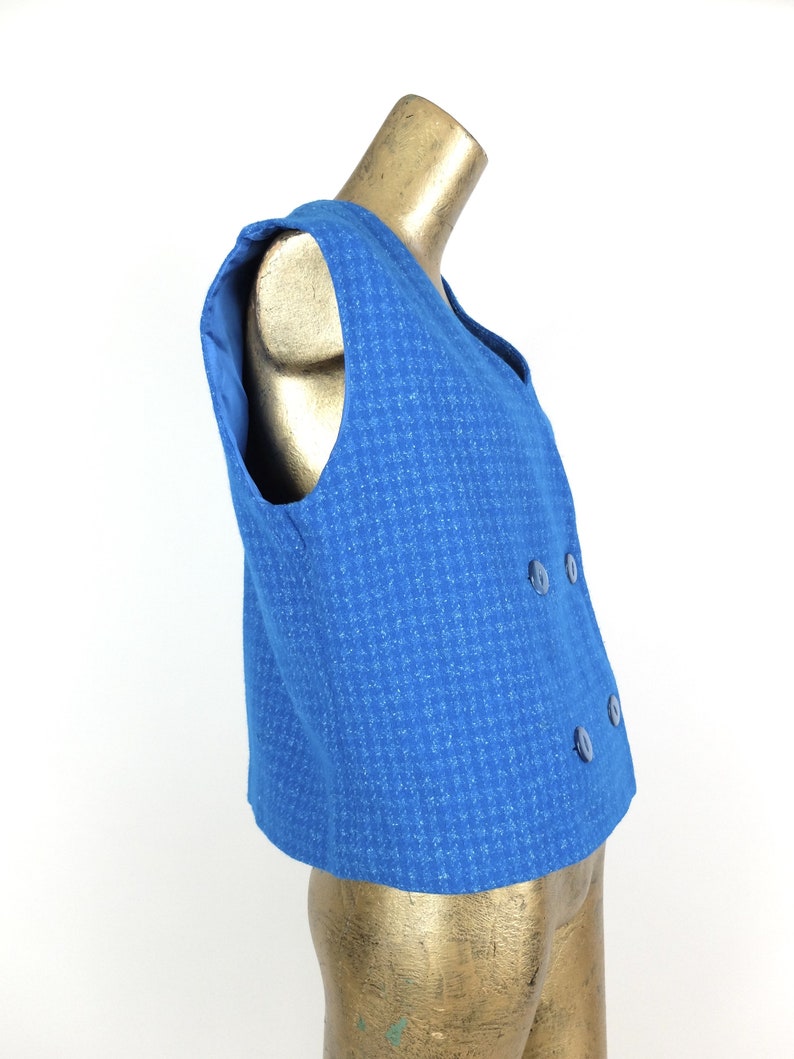 Vintage 60s Mod Bright Blue Houndstooth Sleeveless Button Up Vest