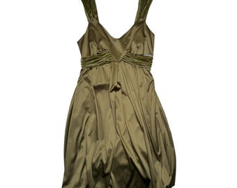 Vintage 2000s GALLIANO Silk Blend Moss Green Balloon Above-the-Knee Bubble Dress with Velvet Detail | Size XS-S