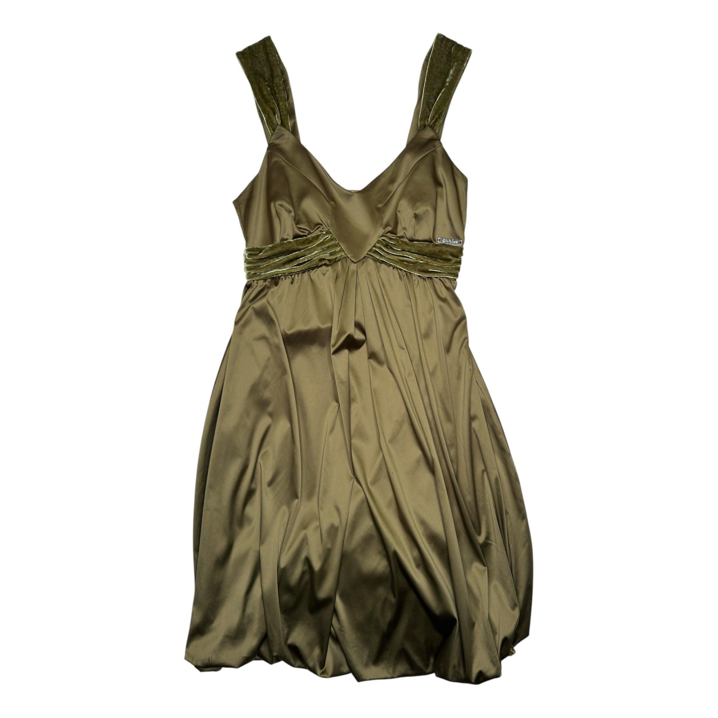 John Galliano, Galliano Silk Blend Moss Green Balloon Dress | Velvet Detail, XS-S