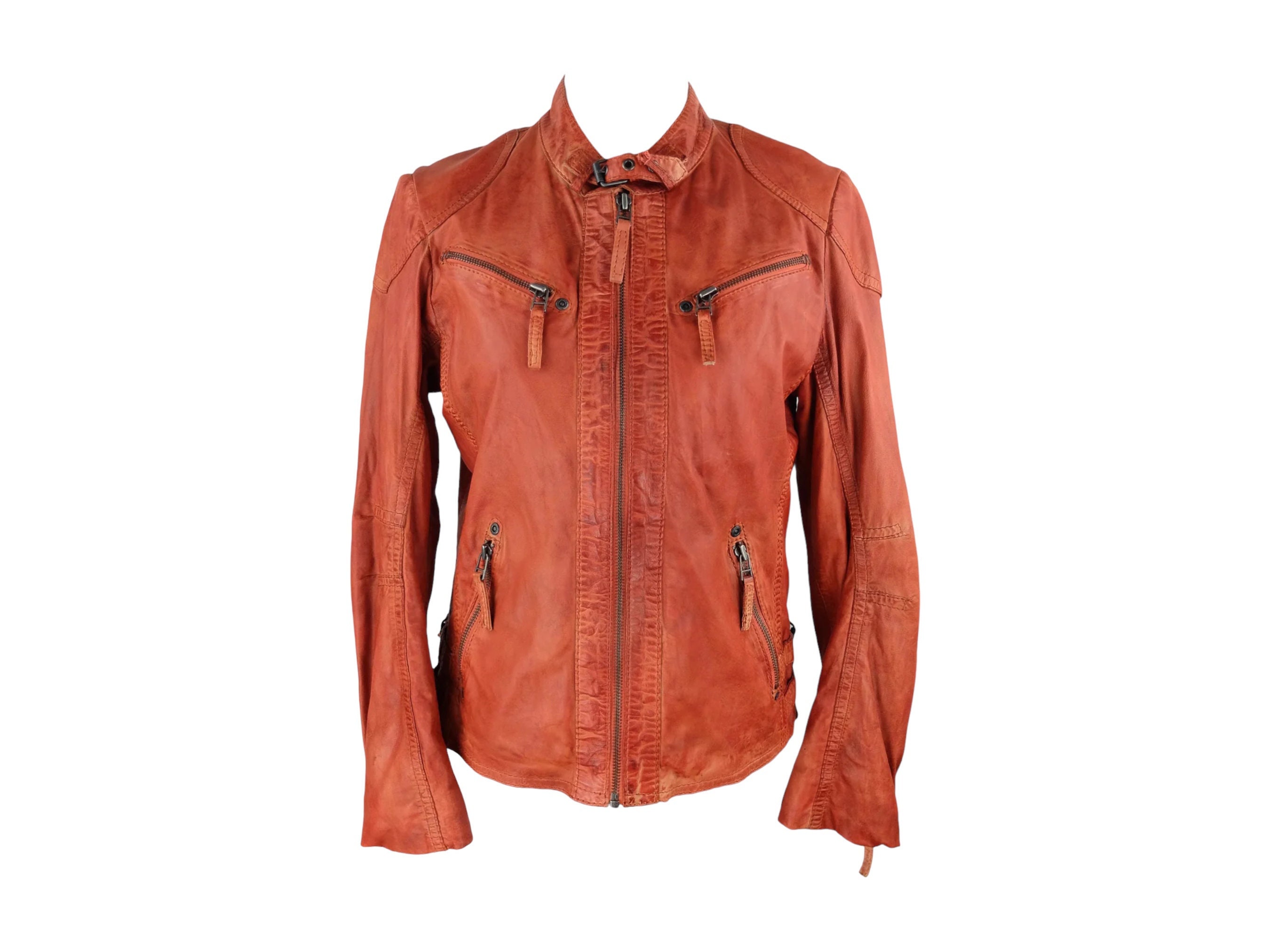 Vintage 2000s Y2K Distressed Rust Orange Moto High Neck Zip up