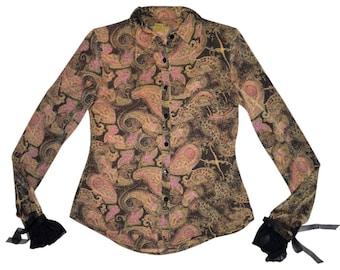 Vintage 90s Glitter Mesh Brown Pink & Gold Paisley Long Sleeve Button Up Shirt with Organza Tie Cuffs | Size S
