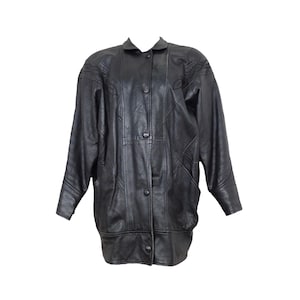 Vintage 80s Bohemian Hippie Rocker Chic Black Genuine Leather Collared Button Down Oversized Jacket with Embroidered Detail | Women’s Size M