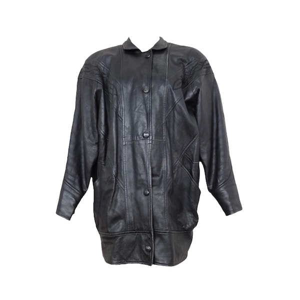 Vintage 80er Jahre Boho Hippie Rocker Chic Schwarz Echtleder Kragen Button Down Oversized Jacke mit gestickten Detail | Damengröße M