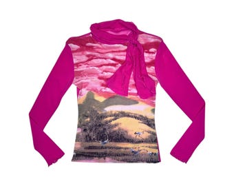 Vintage 2000s Y2K Hot Pink Glitter Abstract Nature Print Long Sleeve Mesh Top With High Neck & Tie Detail | Size XS