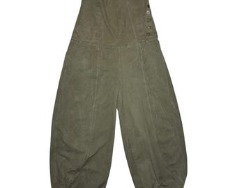 Vintage 80s Utility Underbust Khaki Green Canvas Balloon Jumpsuit | Size M-L
