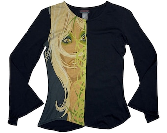Vintage 2000s CUSTO BARCELONA Cotton Knit Black Graphic Fitted Flared Long Sleeve Top | Size S-M