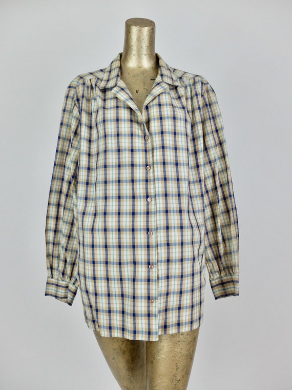 Vintage 70s Western Check Print Long Sleeve Colla… - image 2