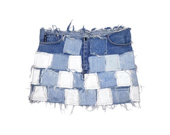 Vintage 2000s Low Rise Blue Denim Distressed Patchwork Jean Mini Skirt | Size S