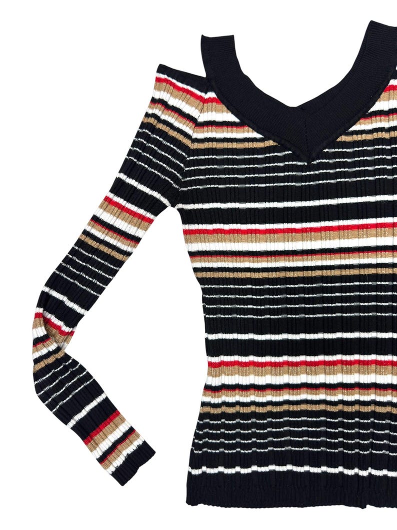 Vintage 2000s Striped Long Sleeve Stretch Knit Top with Cutout Shoulders | Size XS