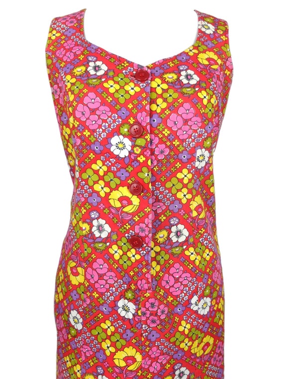 Vintage 60s Psychedelic Mod Bright Pink & Red Flo… - image 6