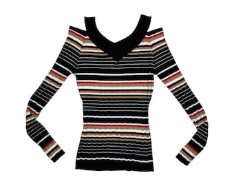 Haut rayé en tricot extensible à manches longues des années 2000 avec découpes aux épaules | Taille XS
