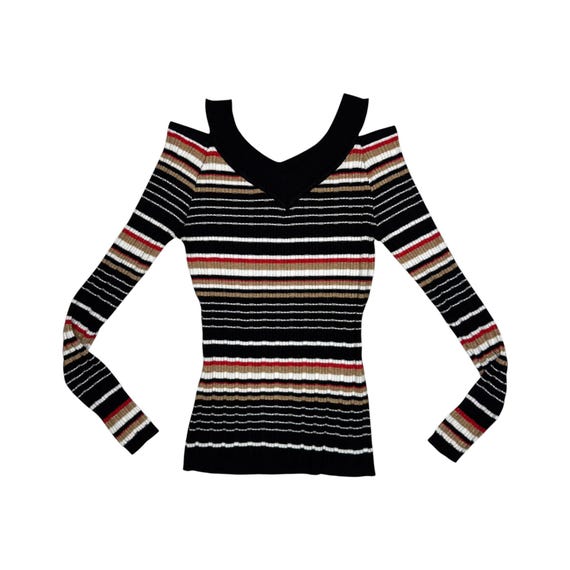 Vintage 2000s Striped Long Sleeve Stretch Knit Top with Cutout Shoulders | Size XS