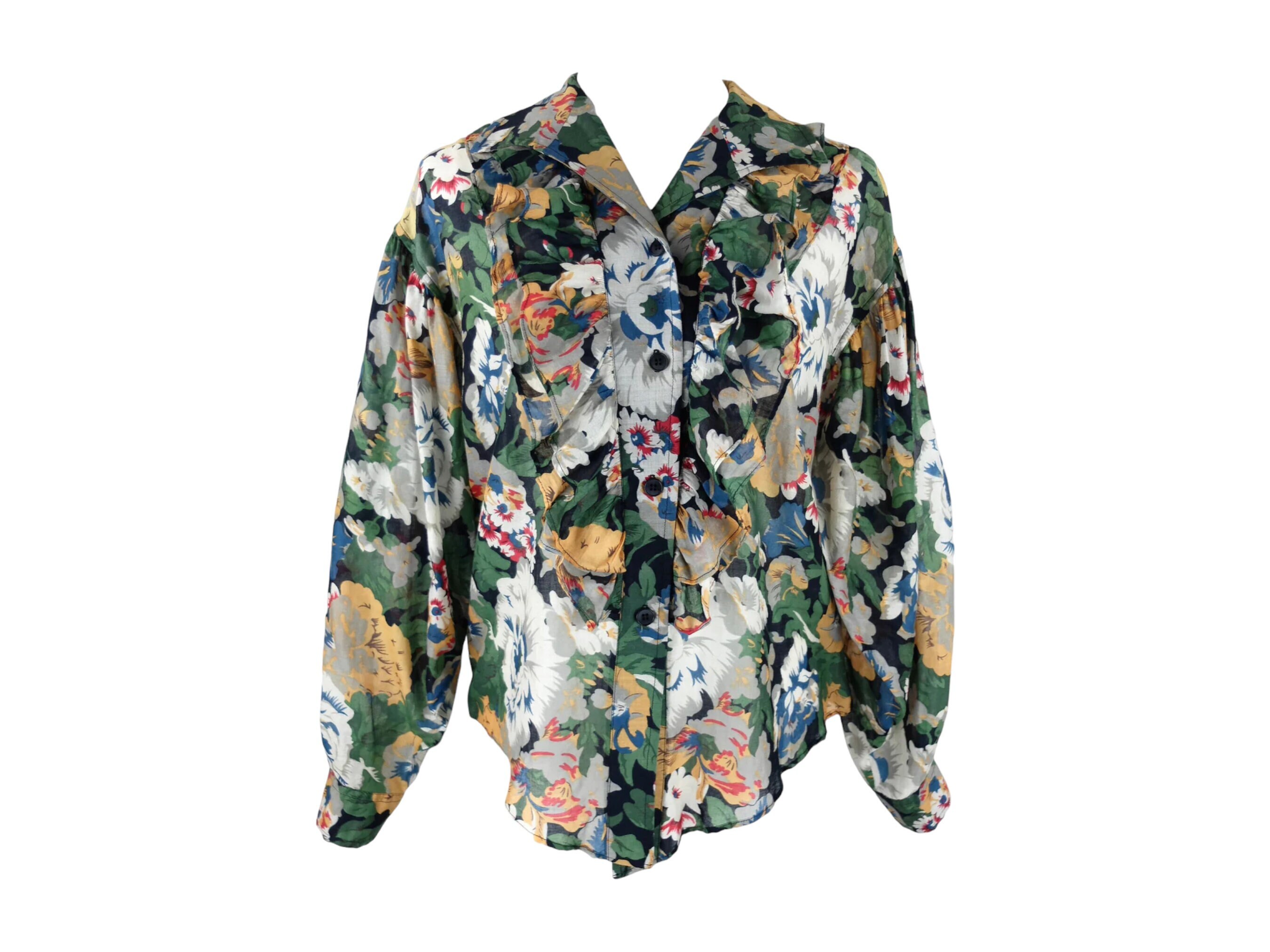 Vintage 90s Kenzo Floral Blouse | Puff Sleeve Cotton Button Down 