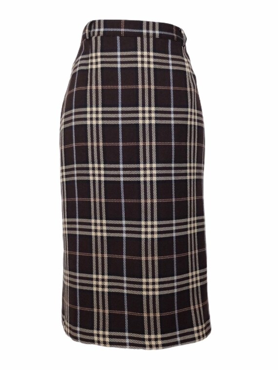 Vintage 90s Y2K Wool Schoolgirl Preppy Plaid Check Print High Waisted Pencil Midi Skirt With Back Slit Size 14 UK 10 US 31.5 Inch Waist Etsy UK