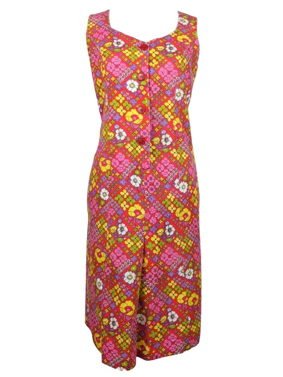 Vintage 60s Psychedelic Mod Bright Pink & Red Flo… - image 2