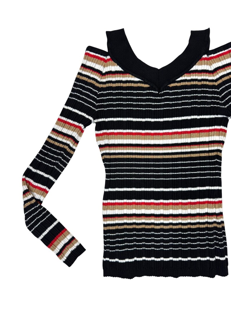 Vintage 2000s Striped Long Sleeve Stretch Knit Top with Cutout Shoulders | Size XS